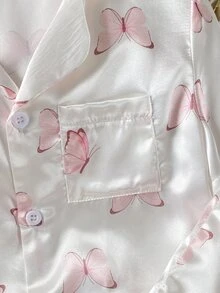 女童粉色蝴蝶结印花翻领短袖短裤套装，阻燃家居服 - 白色 - 查看 4