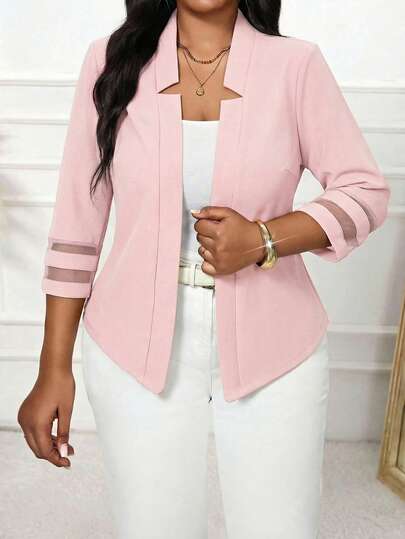 SHEIN Lady Plus Size Women Fashionable Elegant Casual Mesh Patchwork Pink Blazer In Fall/Winter Pink Blazer Summer Blazer Spring Blazer