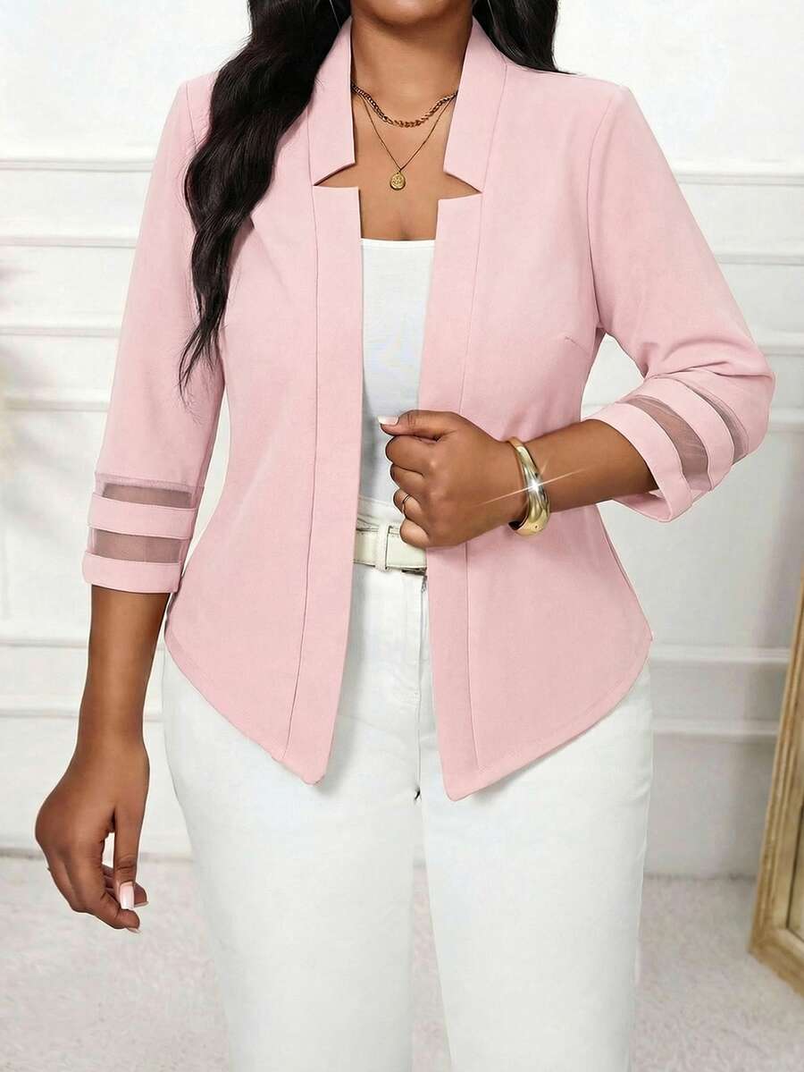 SHEIN Lady Plus Size Women Fashionable Elegant Casual Mesh Patchwork Pink Blazer In Fall/Winter Pink Blazer Summer Blazer Spring Blazer - Pink - View 1