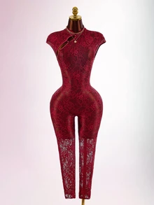 Amplova Dam jumpsuit i ny kinesisk stil med qipao-krage i transparent texturerat tyg - Bourgogne - Visa 8