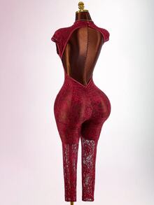 Amplova Dam jumpsuit i ny kinesisk stil med qipao-krage i transparent texturerat tyg - Bourgogne - Visa 2