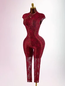 Amplova Dam jumpsuit i ny kinesisk stil med qipao-krage i transparent texturerat tyg - Bourgogne - Visa 6