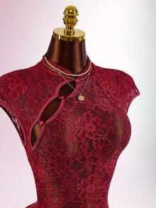 Amplova Dam jumpsuit i ny kinesisk stil med qipao-krage i transparent texturerat tyg - Bourgogne - Visa 4