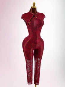 Amplova Dam jumpsuit i ny kinesisk stil med qipao-krage i transparent texturerat tyg - Bourgogne - Visa 7