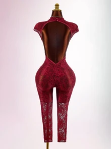 Amplova Dam jumpsuit i ny kinesisk stil med qipao-krage i transparent texturerat tyg - Bourgogne - Visa 13