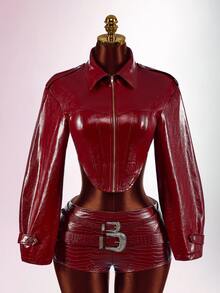 Amplova Winter Wine-Red PU Front And Middle Zipper Waist-Hugging Sexy New Jacket, Suitable For Outings, Parties And Gatherings. - Burgundy - View 2
