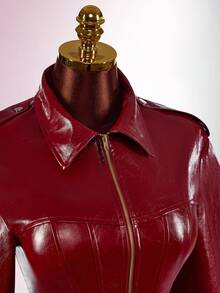 Amplova Winter Wine-Red PU Front And Middle Zipper Waist-Hugging Sexy New Jacket, Suitable For Outings, Parties And Gatherings. - Burgundy - View 8