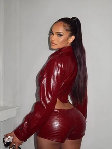 Amplova Winter Wine-Red PU Front And Middle Zipper Waist-Hugging Sexy New Jacket, Suitable For Outings, Parties And Gatherings. - Burgundy - View 12