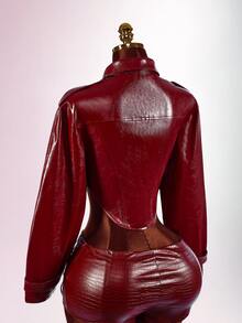 Amplova Winter Wine-Red PU Front And Middle Zipper Waist-Hugging Sexy New Jacket, Suitable For Outings, Parties And Gatherings. - Burgundy - View 14