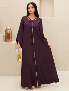 Yasmyna Solid Tie Front Kaftan - Red Violet - View 9
