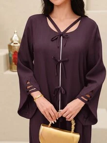 Yasmyna Solid Tie Front Kaftan - Red Violet - View 6