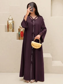 Yasmyna Solid Tie Front Kaftan - Red Violet - View 5