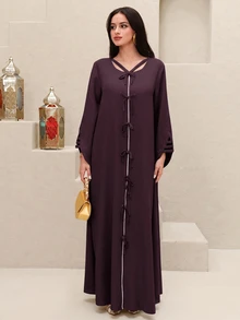 Yasmyna Solid Tie Front Kaftan - Red Violet - View 7