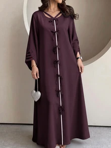 Yasmyna Solid Tie Front Kaftan - Red Violet - View 1