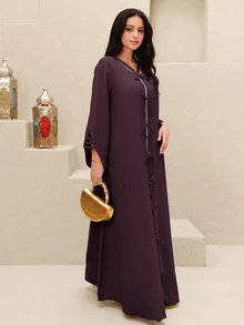 Yasmyna Solid Tie Front Kaftan - Red Violet - View 4