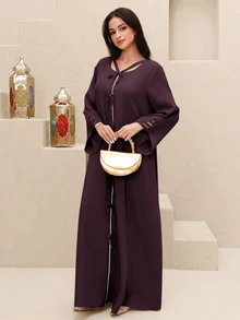 Yasmyna Solid Tie Front Kaftan - Red Violet - View 3