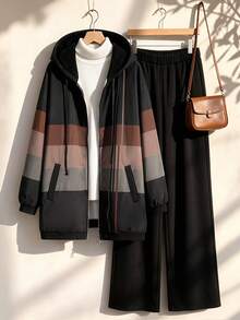 Rusticease Plus Size Women's Color Block Hooded Zip Up Drawstring Jacket And Pants Casual 2 Piece Set Fall Winter 2026 - Multicolor - View 11