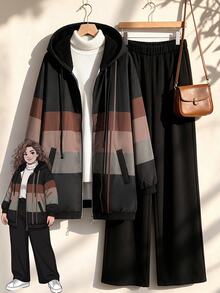Rusticease Plus Size Women's Color Block Hooded Zip Up Drawstring Jacket And Pants Casual 2 Piece Set Fall Winter 2026 - Multicolor - View 1
