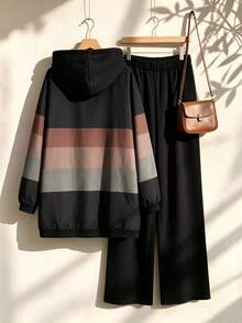Rusticease Plus Size Women's Color Block Hooded Zip Up Drawstring Jacket And Pants Casual 2 Piece Set Fall Winter 2026 - Multicolor - View 3