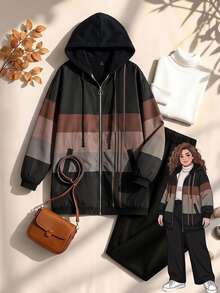 Rusticease Plus Size Women's Color Block Hooded Zip Up Drawstring Jacket And Pants Casual 2 Piece Set Fall Winter 2026 - Multicolor - View 2