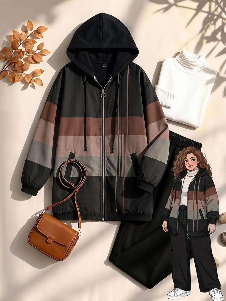Rusticease Plus Size Women's Color Block Hooded Zip Up Drawstring Jacket And Pants Casual 2 Piece Set Fall Winter 2026 - Multicolor - View 2