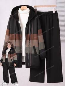 Rusticease Plus Size Women's Color Block Hooded Zip Up Drawstring Jacket And Pants Casual 2 Piece Set Fall Winter 2026 - Multicolor - View 10