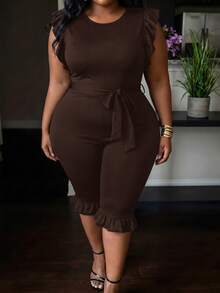 Slaydiva Women's Ruffle Sleeveless Fitted Cropped Jumpsuit With Belt, Black - Chocolate Brown - View 7