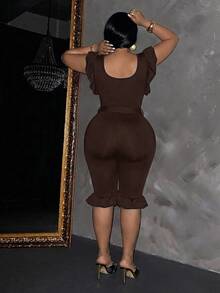 Slaydiva Women's Ruffle Sleeveless Fitted Cropped Jumpsuit With Belt, Black - Chocolate Brown - View 2