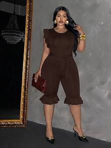 Slaydiva Women's Ruffle Sleeveless Fitted Cropped Jumpsuit With Belt, Black - Chocolate Brown - View 5