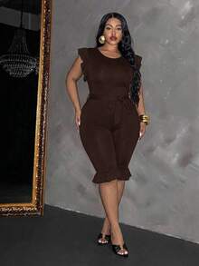 Slaydiva Women's Ruffle Sleeveless Fitted Cropped Jumpsuit With Belt, Black - Chocolate Brown - View 1