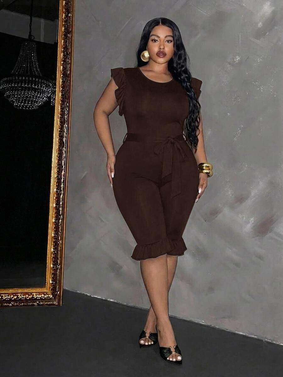 Slaydiva Women's Ruffle Sleeveless Fitted Cropped Jumpsuit With Belt, Black - Chocolate Brown - View 1