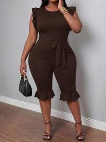 Slaydiva Women's Ruffle Sleeveless Fitted Cropped Jumpsuit With Belt, Black - Chocolate Brown - View 9