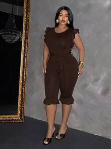 Slaydiva Women's Ruffle Sleeveless Fitted Cropped Jumpsuit With Belt, Black - Chocolate Brown - View 4