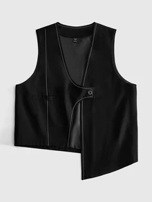 ROMWE MEN Street Life Men's Solid Color Single-Button Fashion Versatile Commuter Travel Suit Vest - Black - View 1