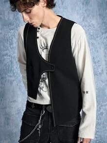 ROMWE MEN Street Life Men's Solid Color Single-Button Fashion Versatile Commuter Travel Suit Vest - Black - View 12