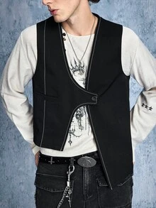 ROMWE MEN Street Life Men's Solid Color Single-Button Fashion Versatile Commuter Travel Suit Vest - Black - View 10