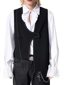 ROMWE MEN Street Life Men's Solid Color Single-Button Fashion Versatile Commuter Travel Suit Vest - Black - View 2