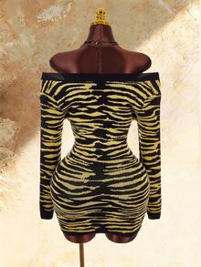 Amplova Women's Tiger Print Fitted Mini Knit Dress - Black - View 14
