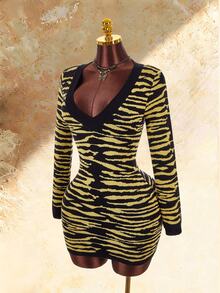 Amplova Women's Tiger Print Fitted Mini Knit Dress - Black - View 13