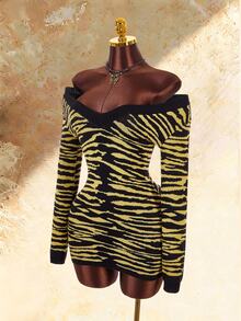 Amplova Women's Tiger Print Fitted Mini Knit Dress - Black - View 8