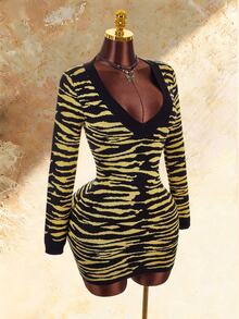 Amplova Women's Tiger Print Fitted Mini Knit Dress - Black - View 7