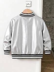 SHEIN Coolqubz 男孩時尚羅紋領口、袖口與下擺夾克，亮面配色增添獨特個性與魅力，經典夾克風格，提升整體造型時尚感，適合秋冬穿著 - 銀色 - 查看 2