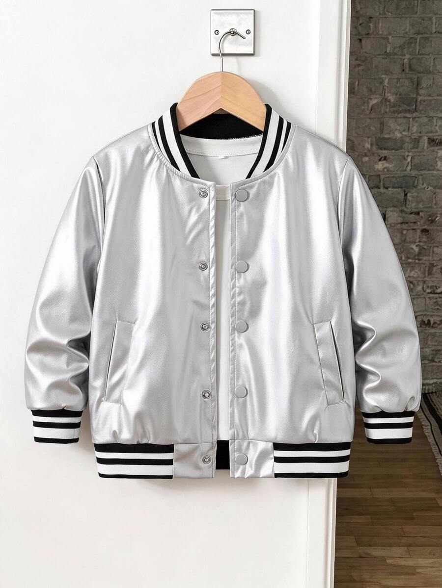 SHEIN Coolqubz 男孩時尚羅紋領口、袖口與下擺夾克,亮面配色增添獨特個性與魅力,經典夾克風格,提升整體造型時尚感,適合秋冬穿著 - 銀色 - 查看 1