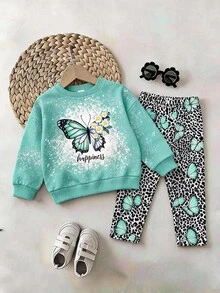 Young Girl Butterfly Print Sweatshirt & Leopard Print Leggings Set - Multicolor - View 4