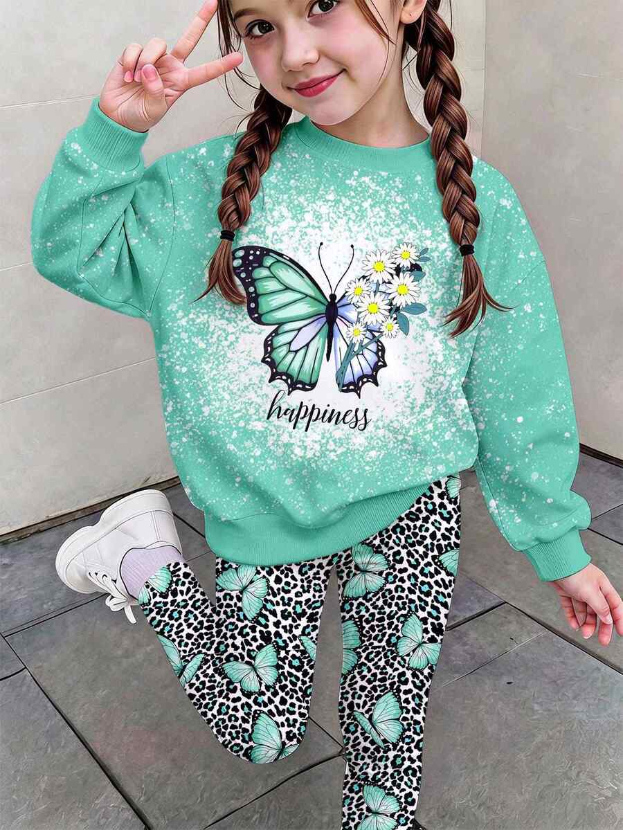 Young Girl Butterfly Print Sweatshirt & Leopard Print Leggings Set - Multicolor - View 1