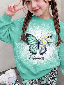 Young Girl Butterfly Print Sweatshirt & Leopard Print Leggings Set - Multicolor - View 5