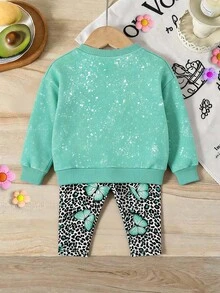 Young Girl Butterfly Print Sweatshirt & Leopard Print Leggings Set - Multicolor - View 2