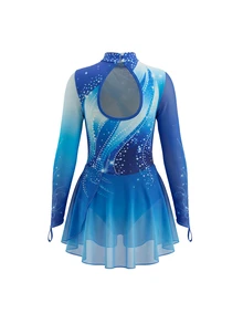 SHEIN Kids Tween Girl Tween Girl) Sports Figure Skating Dress, Light Blue With Shiny Crystal Print, High Elasticity Fitted Design, Flowing Mesh Skirt, Dance - Blue - View 7