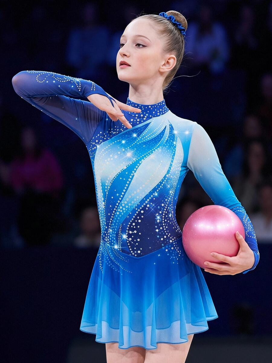 SHEIN Kids Tween Girl Tween Girl) Sports Figure Skating Dress, Light Blue With Shiny Crystal Print, High Elasticity Fitted Design, Flowing Mesh Skirt, Dance - Blue - View 1