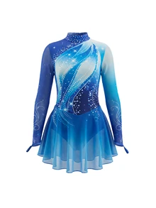 SHEIN Kids Tween Girl Tween Girl) Sports Figure Skating Dress, Light Blue With Shiny Crystal Print, High Elasticity Fitted Design, Flowing Mesh Skirt, Dance - Blue - View 6